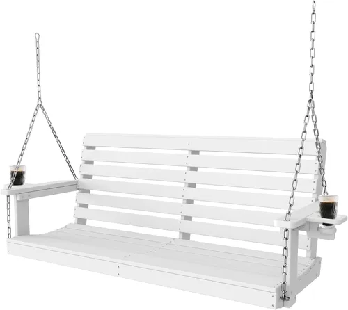 Vista 12 de Plawdlik Columpios de porche, silla de patio de 2 asientos con dos portavasos, banco impermeable de polietileno de alta densidad para patio