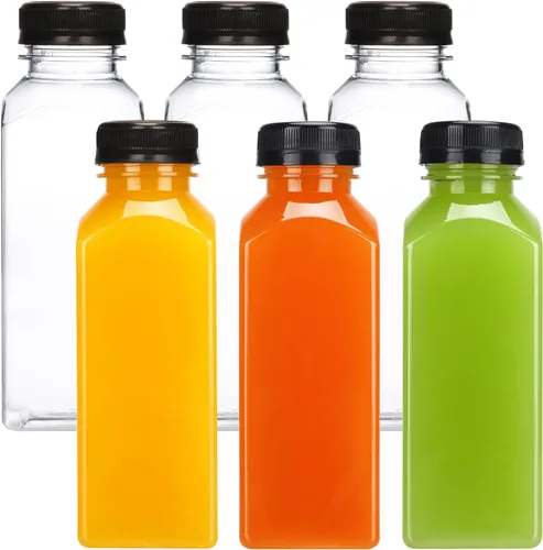 Vista 15 de Moretoes 6 botellas de 120 ml de plástico para jugo con tapas, botellas transparentes vacías reutilizables para shots de jengibre, recipientes