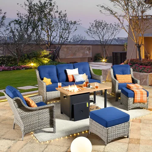 Vista 34 de HOOOWOOO Sofá de patio de 3 plazas de mimbre para exteriores, resistente a todo tipo de clima, con respaldo alto, muebles a juego (beige y bronceado)