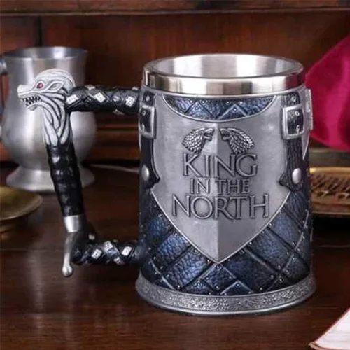 Vista 3 de Taza de cerveza personalizada, estilo grabado, taza de cerveza, con cuerno, Dragon King in The North de acero inoxidable, para café, cerveza, tazas