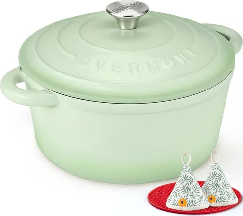 Vista 37 de Overmont - Horno holandés de hierro fundido esmaltado, de 4.5 QT, con tapa, libro de cocina (idioma español no garantizado) y agarraderas de verde