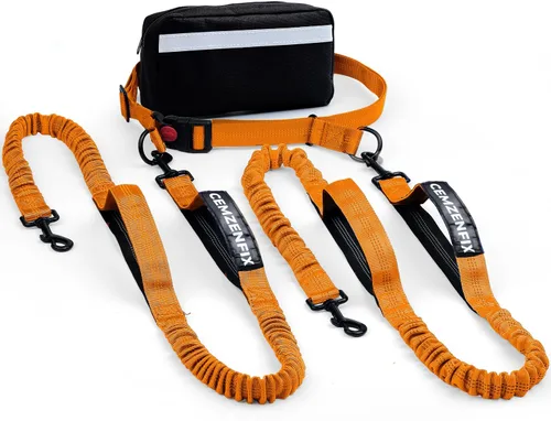 Vista 15 de Correa de perro manos libres con cinturón – Bungee sin tirones, asas acolchadas dobles y bolsa con cremallera para correr, caminar y entrenar