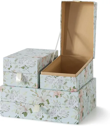Vista 2 de Soul & Lane Cajas decorativas florales pastel con tapas con bisagras y tirador de cinta apagada, pétalos pastel, juego de 3