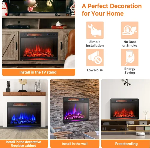 Vista 6 de ORALNER Inserto de chimenea eléctrica de 25 pulgadas, calentador de chimenea empotrado con brillo ajustable, control remoto y temporizador de 6