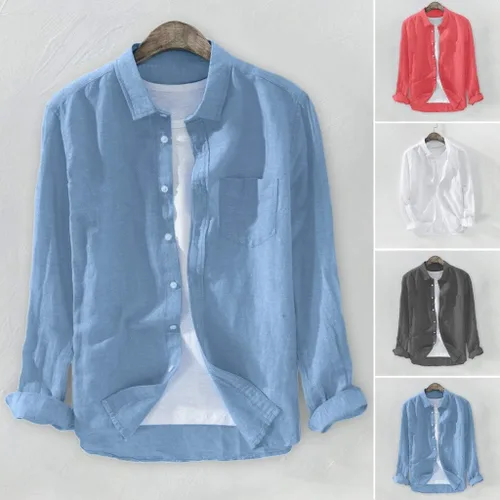 Vista 4 de Men's Long Sleeve Cotton Linen Shirts Casual Plain Simple Loose Button T Shirts Tops with Pocket