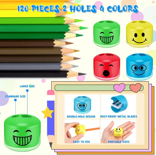 Vista 3 de Crtiin 120 sacapuntas para niños, sacapuntas de dibujos animados con sonrisas, pequeños sacapuntas manual de mano con agujeros dobles para escuela