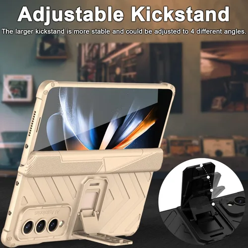 Vista 3 de Miimall Funda compatible con Galaxy Z Fold 4, Fold 4 con protección de bisagra, protector de pantalla de vidrio templado, soporte ajustable, fundas