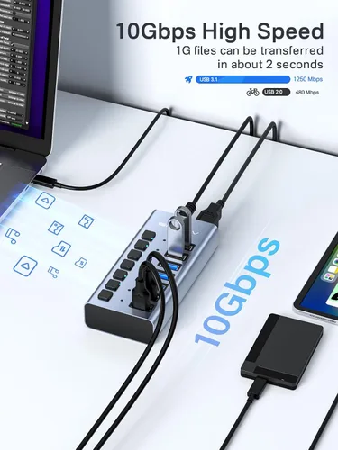 Vista 3 de ACASIS Hub USB 3.2 de 7 puertos con alimentación, transferencia de datos