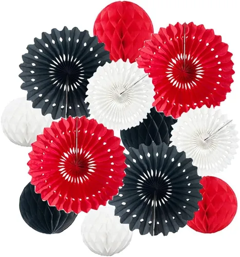 Vista 7 de 12 piezas de bolas de panal de 6 pulgadas y 8 pulgadas, abanicos de papel de seda, abanicos de bolas de panal para fiestas, decoraciones de pared