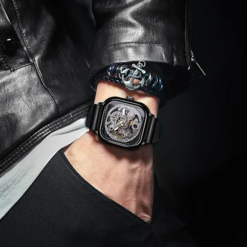 Vista 3 de FORSINING Relojes automáticos Reloj de pulsera mecánico dorado para hombre Relojes de esqueleto con esfera transparente de acero inoxidable