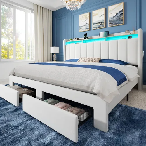 Vista 14 de Allewie - Marco de cama vertical tapizado con plataforma de tamaño matrimonial, con cabecera con almacenamiento de 2 niveles y luces LED, 2 cajones