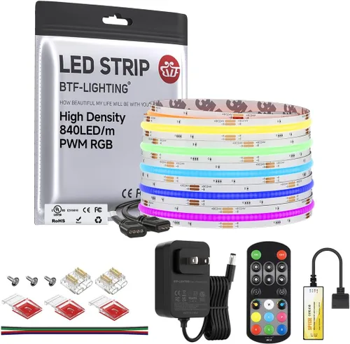 Vista 16 de BTF-LIGHTING FCOB COB - Tira de luz LED RGB con certificación UL, 810 LEDs/m de alta densidad flexible que cambia de color, DC12V 9.8 pies y 0.394