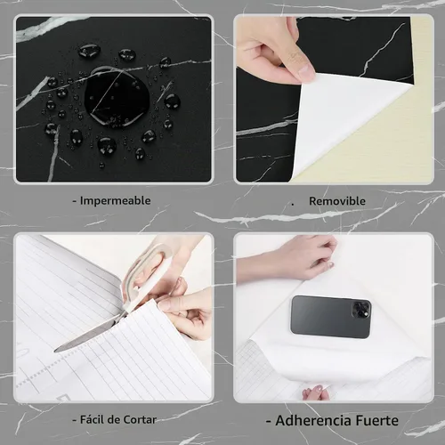 Vista 9 de Wallercity Papel de contacto de mármol negro mate para mesa, papel tapiz de mármol autoadhesivo impermeable para cocina, papel de contacto negro