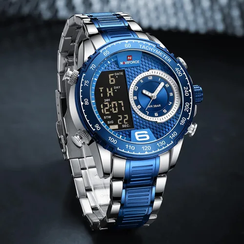 Vista 2 de NAVIFORCE Reloj para hombre reloj de cuarzo digital de doble pantalla multifuncional de acero inoxidable