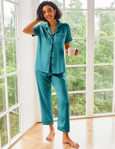 Vista 4 de Ekouaer Conjunto de pijama de satén de seda para mujer, ropa de dormir de manga corta, suave y con botones