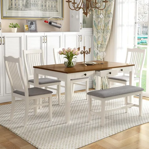 Vista 113 de Juego de mesa de comedor vintage de 6 piezas, juego de mesa de comedor de cocina de madera maciza con 4 sillas ergonómicas acolchadas y banco, mesa