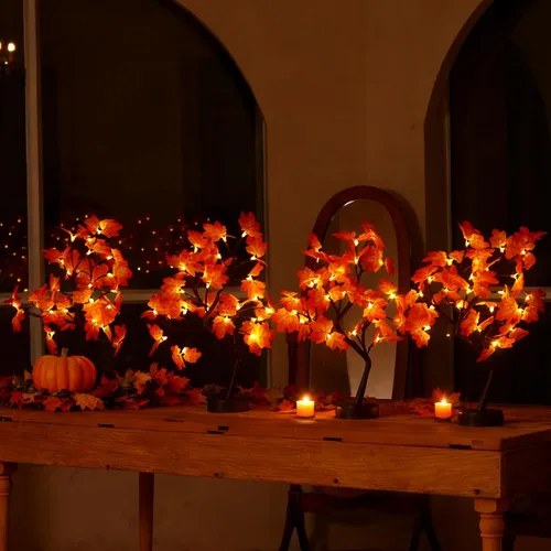 Vista 10 de Árbol de arce artificial iluminado de otoño, 24 luces LED, decoraciones de Acción de Gracias, funciona con batería/USB, árbol pequeño preiluminado
