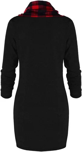 Vista 3 de Sudadera larga con capucha para mujer, casual, manga larga, cuello redondo, a cuadros, con botones, ajustada, con cordón, Negro