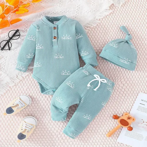 Vista 2 de TBUIALL Ropa para niños pequeños, trajes de tres piezas, conjunto de ropa de algodón acanalado de manga larga con estampado solar y botón