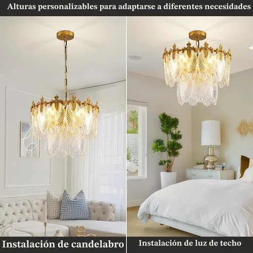 Vista 6 de Antique Chandeliers 2-Layer Gold Crystal Glass Chandelier, 4-Light Round Pendant Light 17.7" Brushed Brass Adjustable Height, Applicable to Dining