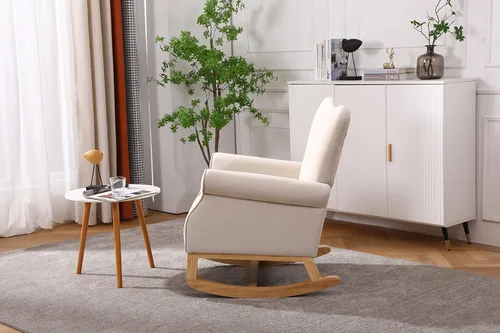 Vista 4 de Mecedora moderna, mecedora tapizada, cómoda mecedora con respaldo de ala, base segura de madera maciza para guardería, sala de juegos, dormitorio