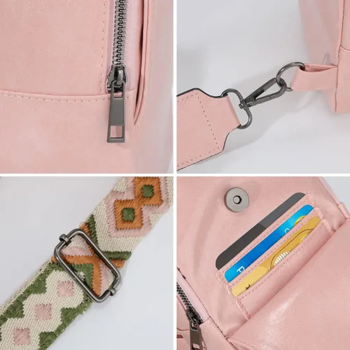 Vista 6 de Riñonera pequeña para mujer, de piel sintética, bolsa cruzada, bolsa de pecho, bolsa de hombro para mujer, viajes, ciclismo, Rosa (F-Pink)