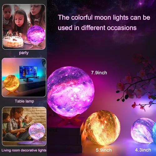 Vista 3 de Lámpara de luna de 4.3'' para niños, luz nocturna, lámpara de galaxia, 16 colores, luz LED con control táctil y remoto, lámpara de mesita de noche