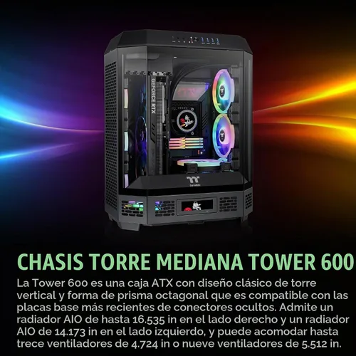 Vista 2 de Thermaltake Carcasa ATX Tower 600 negra de media torre; 3 paneles de vidrio templado; soporte de placa base de conector oculto; ranuras PCI-e