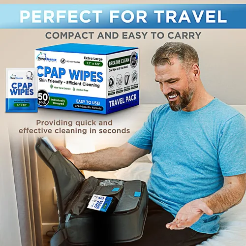 Vista 5 de Dura Cleanse Toallitas de limpieza extra grandes y extra húmedas para cara completa, máscaras nasales, 50 toallitas de viaje CPAP, limpiador sin