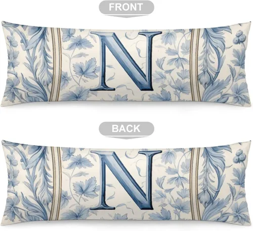 Vista 3 de Funda de almohada con monograma rústico de color azul suave con inicial N Body de 20 x 54 pulgadas, funda de almohada floral personalizada