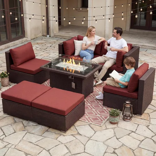 Vista 39 de NICESOUL Juego de muebles de patio de ratán extra grande con mesa para fogata de gas y propano, 29.3 pulgadas, respaldo alto, cómodos conversaciones