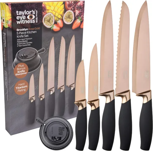 Vista 11 de Juego de 3 cuchillos de cocina de regalo - Brooklyn por Taylors Eye Witness. Refuerzos de color oro rosa, hojas afiladas como navajas finamente
