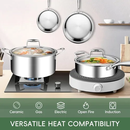Vista 4 de Juego de 11 piezas de ollas y sartenes, juego de utensilios de cocina de acero inoxidable 18/10, compatible con inducción, revestimiento libre