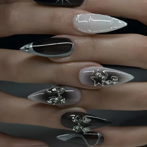 Vista 33 de Uñas postizas cortas en forma de almendra SWEKKE con punta francesa, uñas falsas con diseños de flores 3D en amarillo y rosa, uñas adhesivas