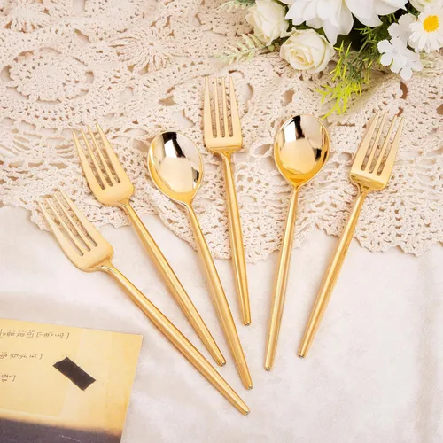Vista 6 de SUT Juego de 100 piezas de tenedores y cucharas de plástico dorado resistente, cubiertos desechables dorados, cubiertos dorados, utensilios