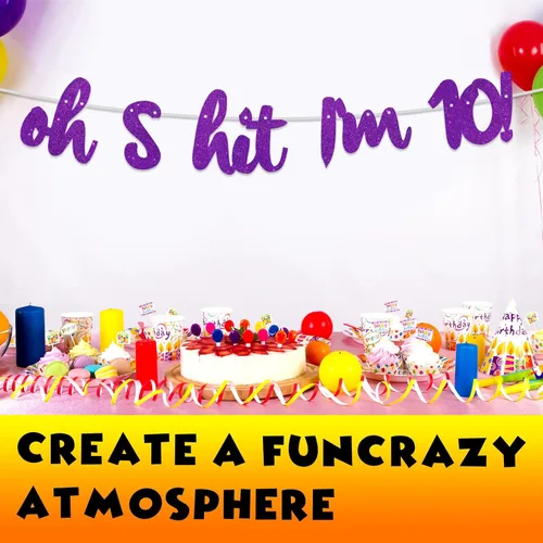 Vista 5 de Oh S*it I'm 10! - Pancarta de fondo con purpurina morada Hello 10 Cheers to 10 años de edad, decoración temática para niños y niñas, suministros