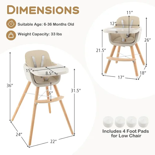 Vista 6 de BABY JOY Trona convertible para bebé, 3 en 1, silla alta de madera/asiento elevador/silla con bandeja extraíble, patas ajustables, arnés de 5 Beige