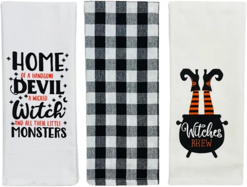 Vista 17 de Haunted - Juego de toallas de mano de cocina de Halloween: Jack O' Lantern Orange Terry Loop, lazo de rizo de punto blanco elevado, diseños