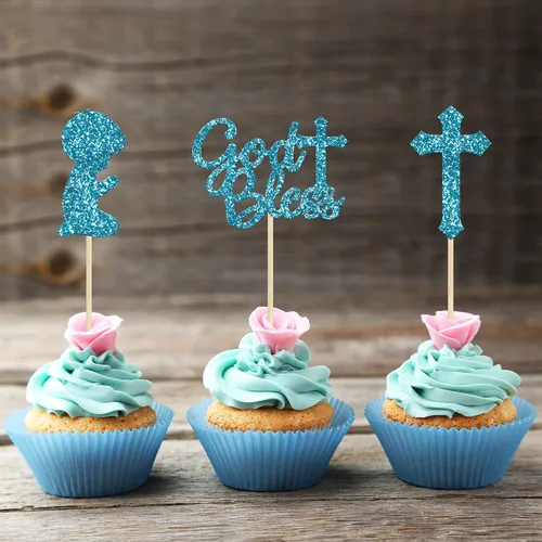 Vista 4 de Gyufise 24 piezas de decoración de cupcakes con purpurina azul que Dios bendiga y cruz, decoración de pastel para baby shower, bautismo, fiesta