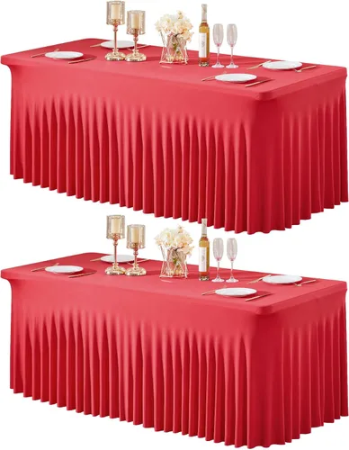 Vista 12 de Paquete de 1 manteles azul bebé para mesas rectangulares de 4 pies, cubiertas de mesa de spandex elástico de una pieza resistentes a las arrugas