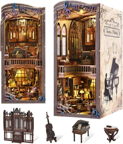 Vista 11 de fifijoy Kit de rincón de libros, casa de muñecas en miniatura para adultos y adolescentes, rompecabezas de madera 3D con luz LED, decoración retro
