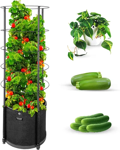 Vista 6 de Outland Living Maceta grande para tomates con enrejado de metal de 68 pulgadas, maceta de tela de 20 galones con drenaje, jaulas altas para trepar
