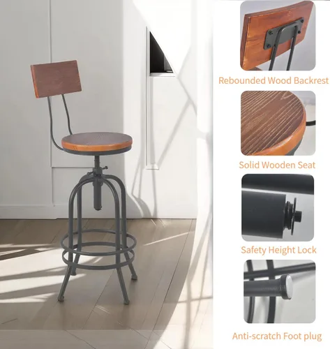Vista 3 de Juego de 2 taburetes de bar industriales con respaldo, asiento giratorio de madera, barra de bar altura ajustable de 26 a 32.2 pulgadas, silla
