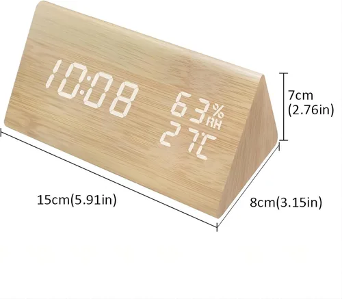 Vista 5 de Reloj despertador digital, LED electrónico de madera, pantalla de fecha de hora, detección de temperatura y humedad, 3 ajustes de alarma, brillo