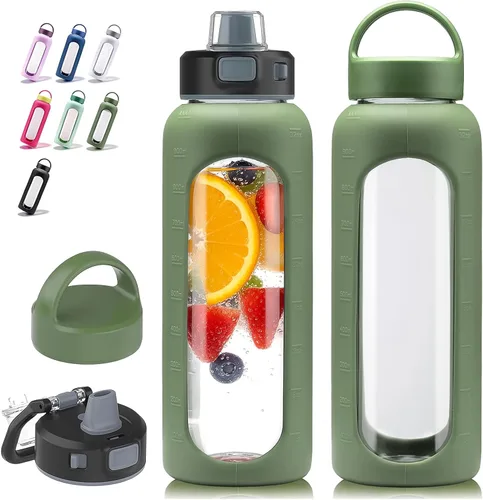 Vista 16 de Kodrine - Botella de agua de vidrio de 20 onzas con popote y 2 tapas para fácil transporte, con asa, funda de silicona y marcador de tiempo, botella