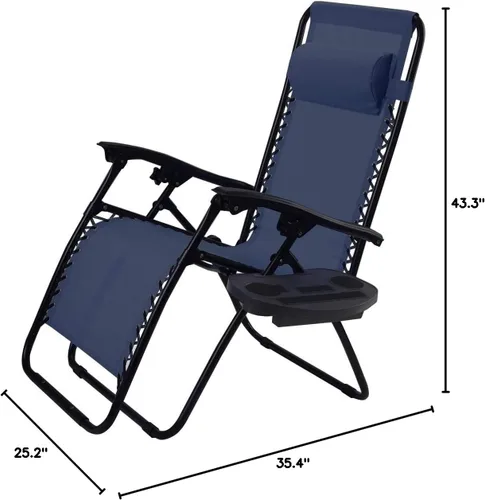 Vista 3 de Sillón de gravedad cero para exteriores con almohada y bandeja de utilidad, reclinable plegable para patio y playa (azul marino)