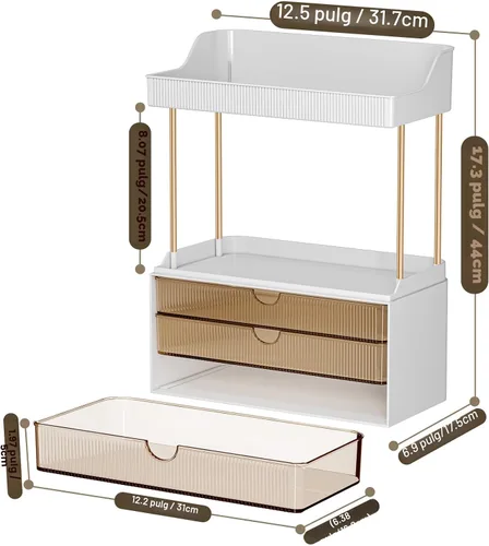 Vista 4 de caktraie Organizadores y Almacenamiento de Baño - Organizador de Maquillaje de 3 Cajones y 2 Niveles, Cajón de Almacenamiento de Cosméticos