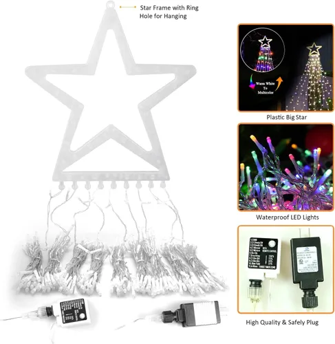 Vista 9 de DANLI Guirnalda de luces de estrella para decoración de Navidad al aire libre, 320 luces LED de 16.4 pies, luces de árbol de cascada con estrella
