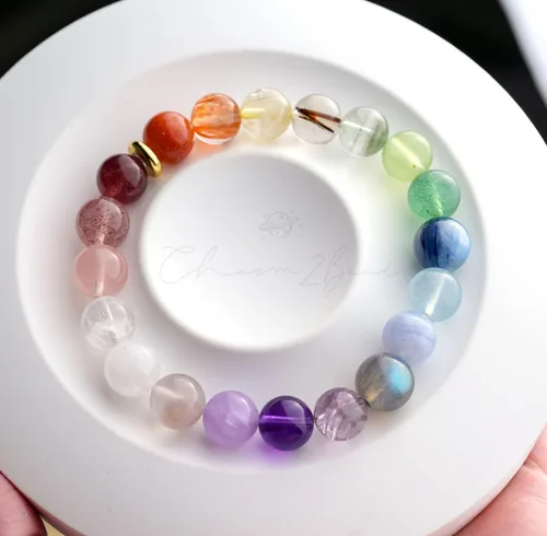 Vista 5 de Pulsera curativa de piedras preciosas color arcoíris, amatista, cuarzo, ágata, azeztulita, fluorita, diseño original hecho a mano