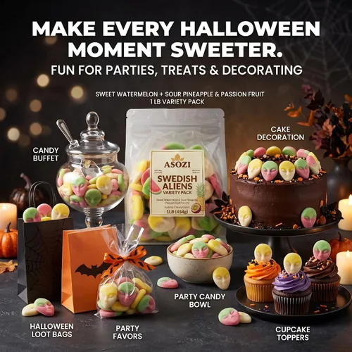 Vista 4 de Paquete variado de dulces de Halloween de extraterrestres de estilo sueco, sabor a sandía dulce y piña agria, caramelos masticables de gomita, bolsa